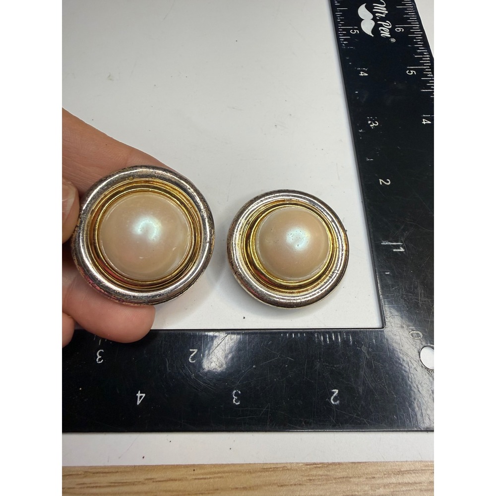 Vintage Two Tone Faux Pearl Clip On Earrings Silver Gold Mixed Metal Oversized